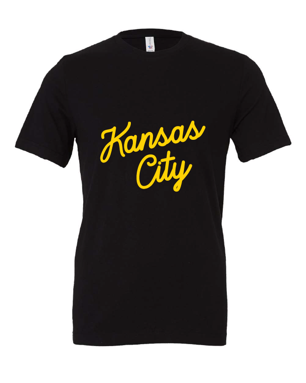 Kansas City Script design on a black t-shirt