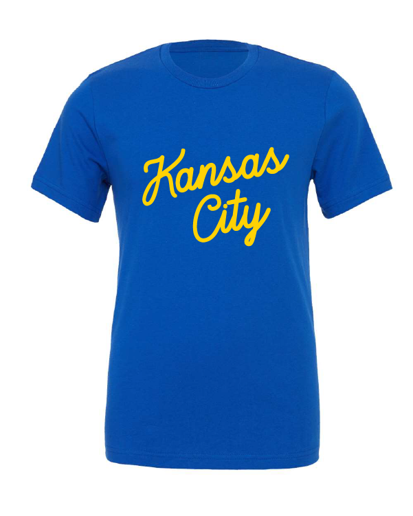 Kansas City Script design on a blue t-shirt