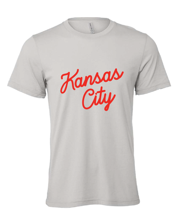 Kansas City Script design on a gray t-shirt
