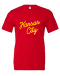 Kansas City Script design on a red t-shirt