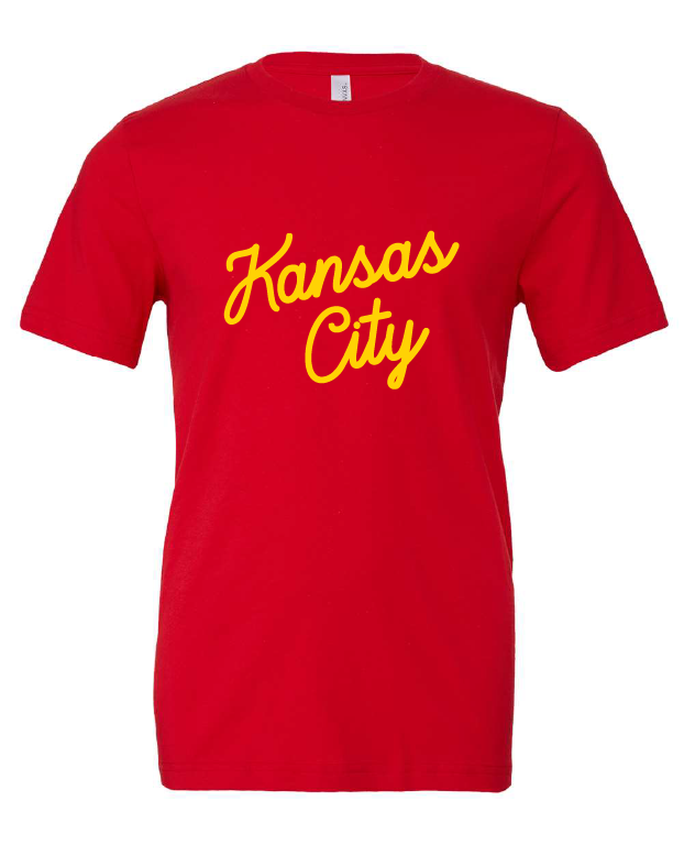 Kansas City Script design on a red t-shirt