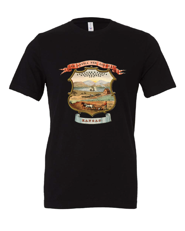 Kansas Coat of Arms design on a black t-shirt