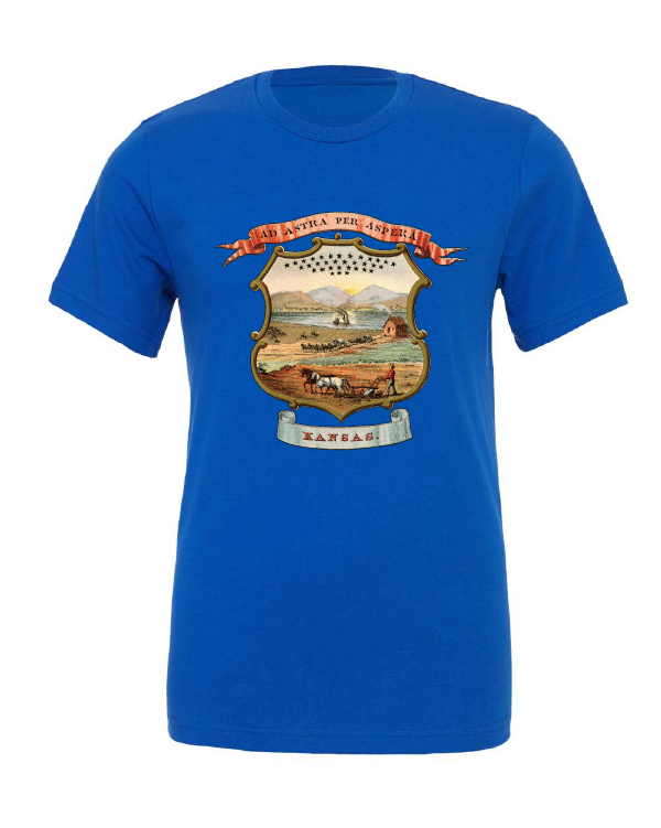 Kansas Coat of Arms design on a blue t-shirt