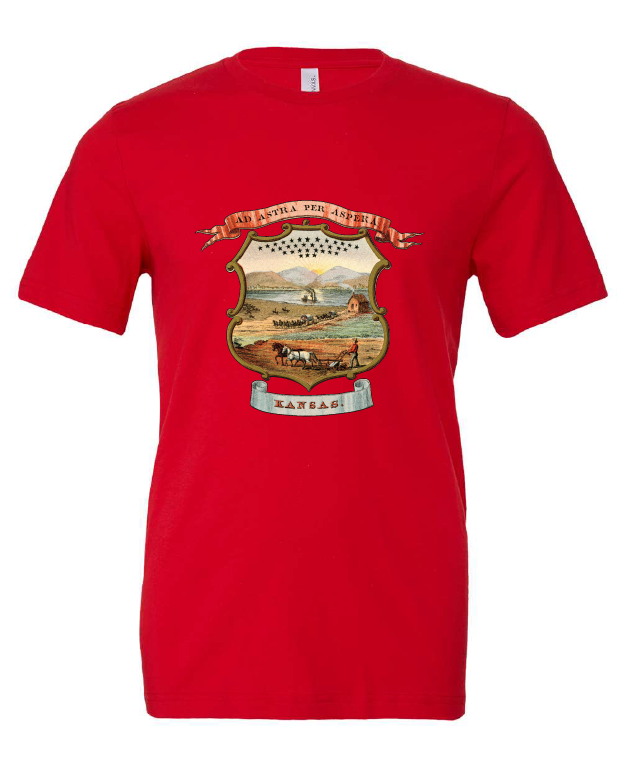 Kansas Coat of Arms design on a red t-shirt