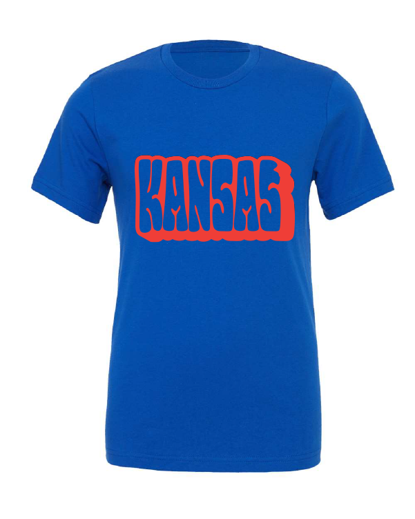 Funky Kansas design on a blue t-shirt