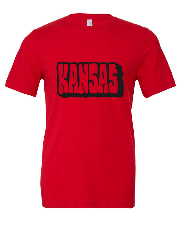 Funky Kansas design on a red t-shirt