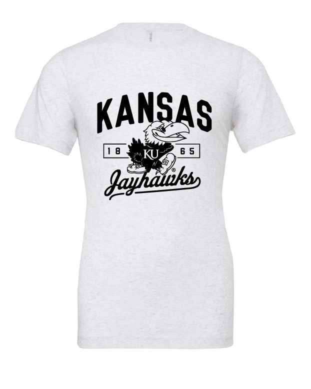 Kansas Jayhawks 1865 design on a white t-shirt
