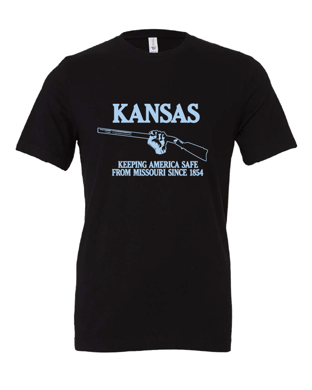 Kansas, Keeping America Safe from Missouri Since 1854 design on a black t-shirt