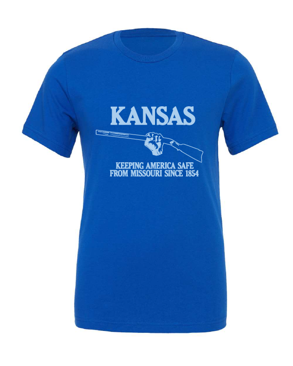Kansas, Keeping America Safe from Missouri Since 1854 design on a blue t-shirt