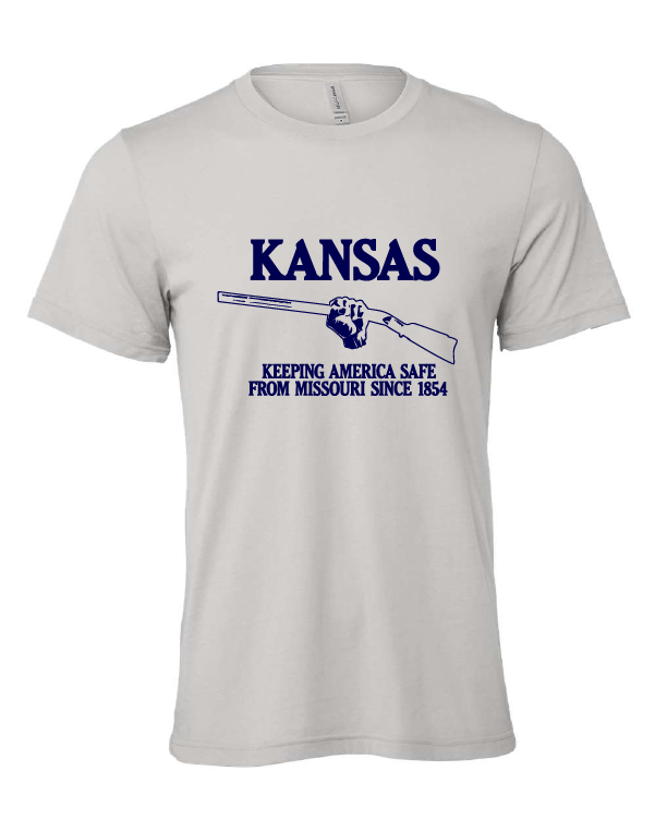 Kansas, Keeping America Safe from Missouri Since 1854 design on a gray t-shirt
