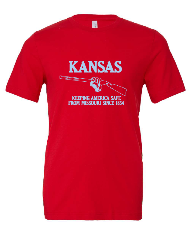 Kansas, Keeping America Safe from Missouri Since 1854 design on a red t-shirt
