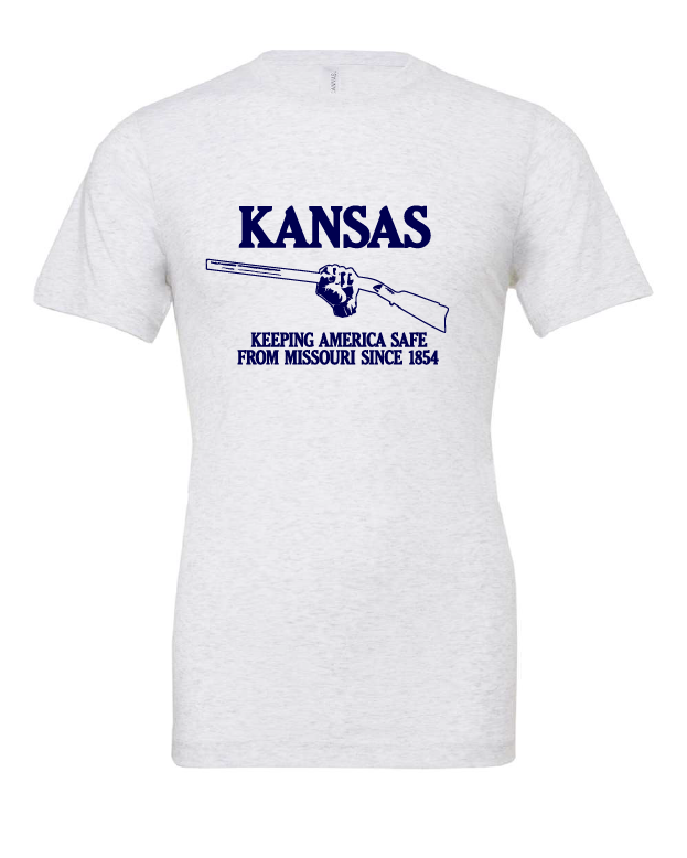 Kansas, Keeping America Safe from Missouri Since 1854 design on a white t-shirt