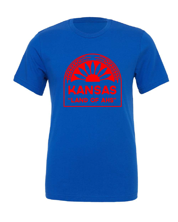 Kansas Land of Ahs design on a blue t-shirt