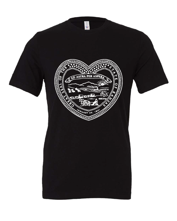 Kansas State Seal Heart design on a black t-shirt