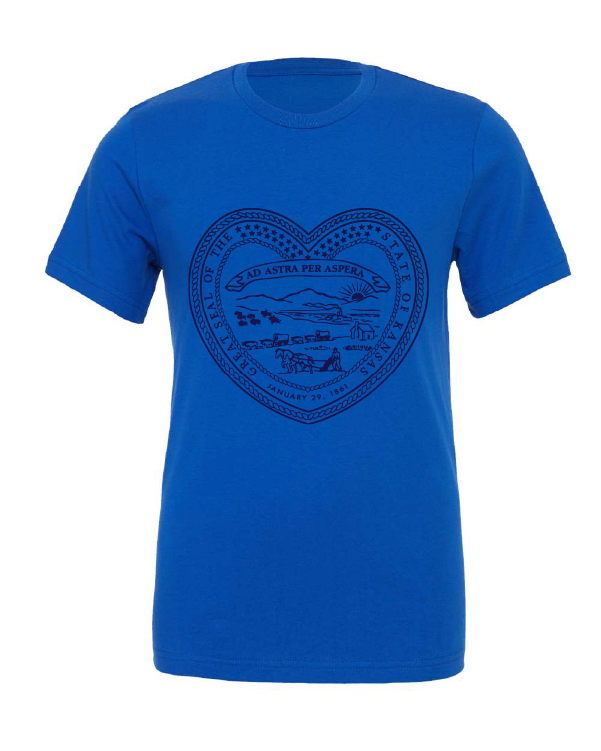Kansas State Seal Heart design on a blue t-shirt