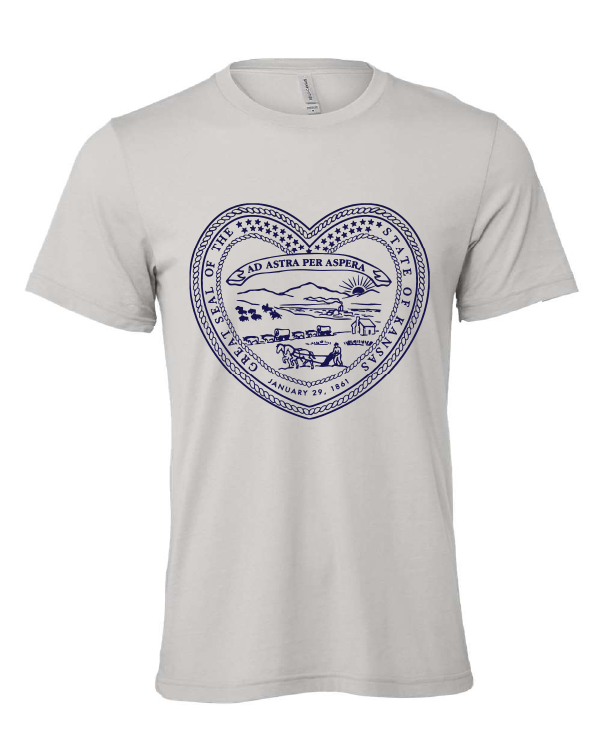 Kansas State Seal Heart design on a gray t-shirt