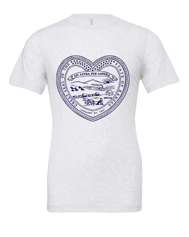 Kansas State Seal Heart design on a white t-shirt