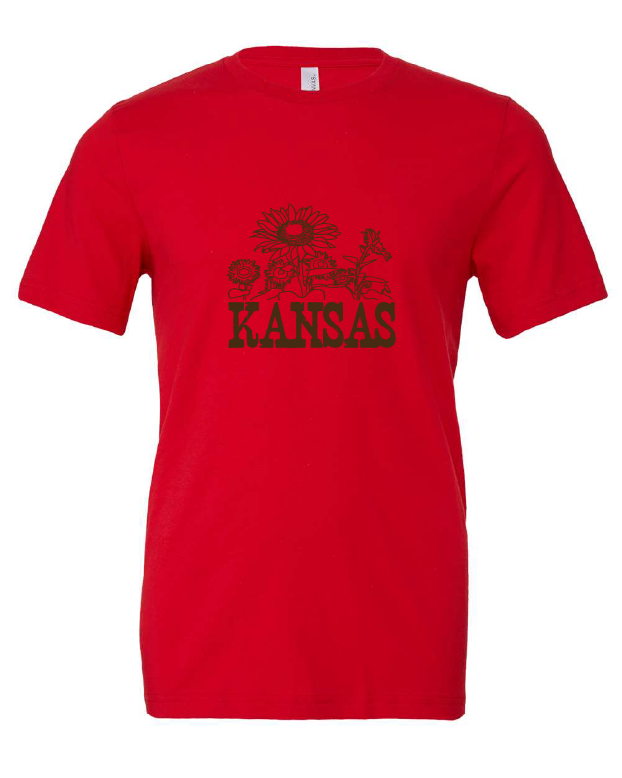 Kansas Sunflowers design on a red t-shirt