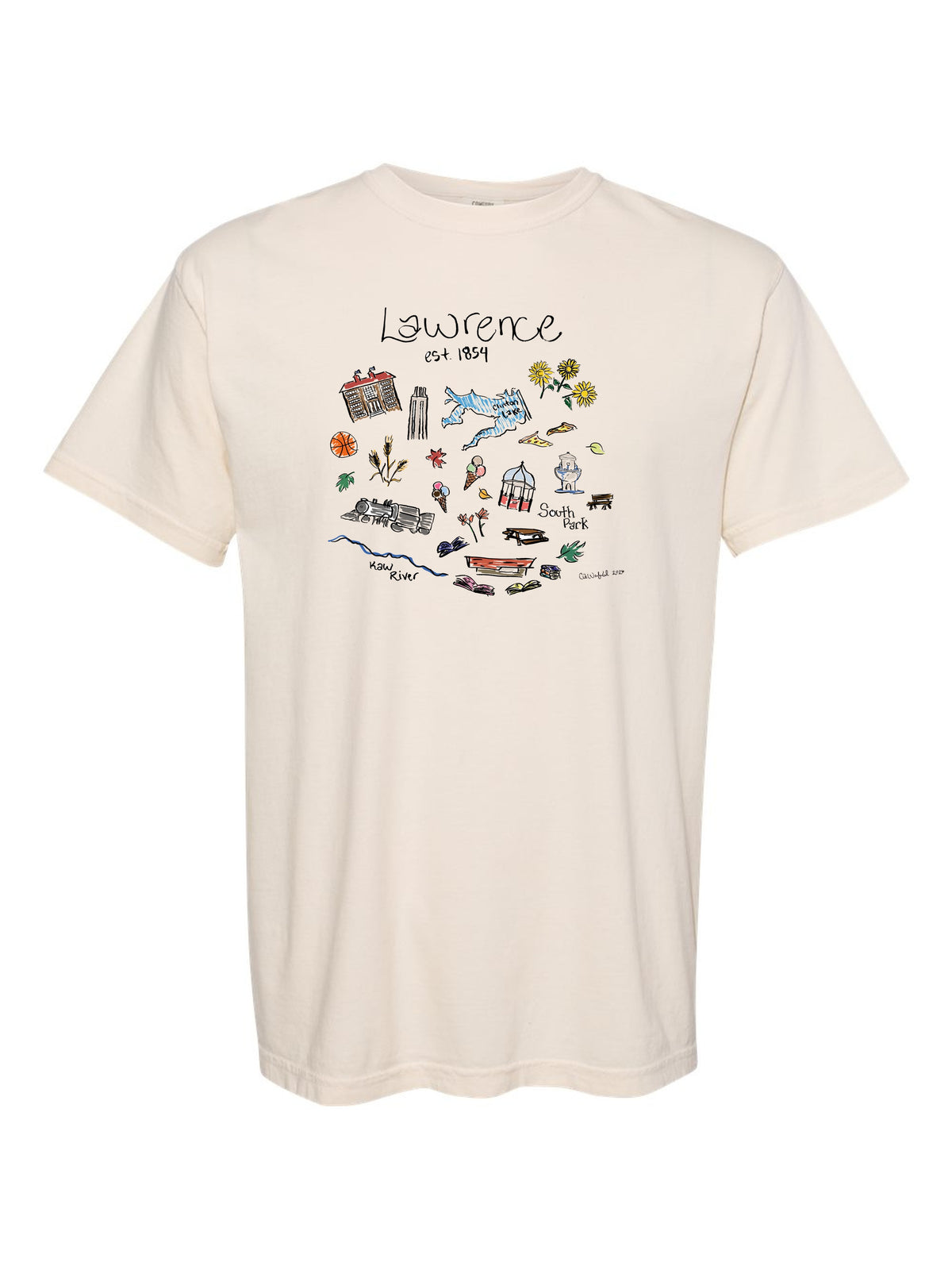 Lawrence Est. 1854 Collage by Claire Wakefield, printed on an ivory tee