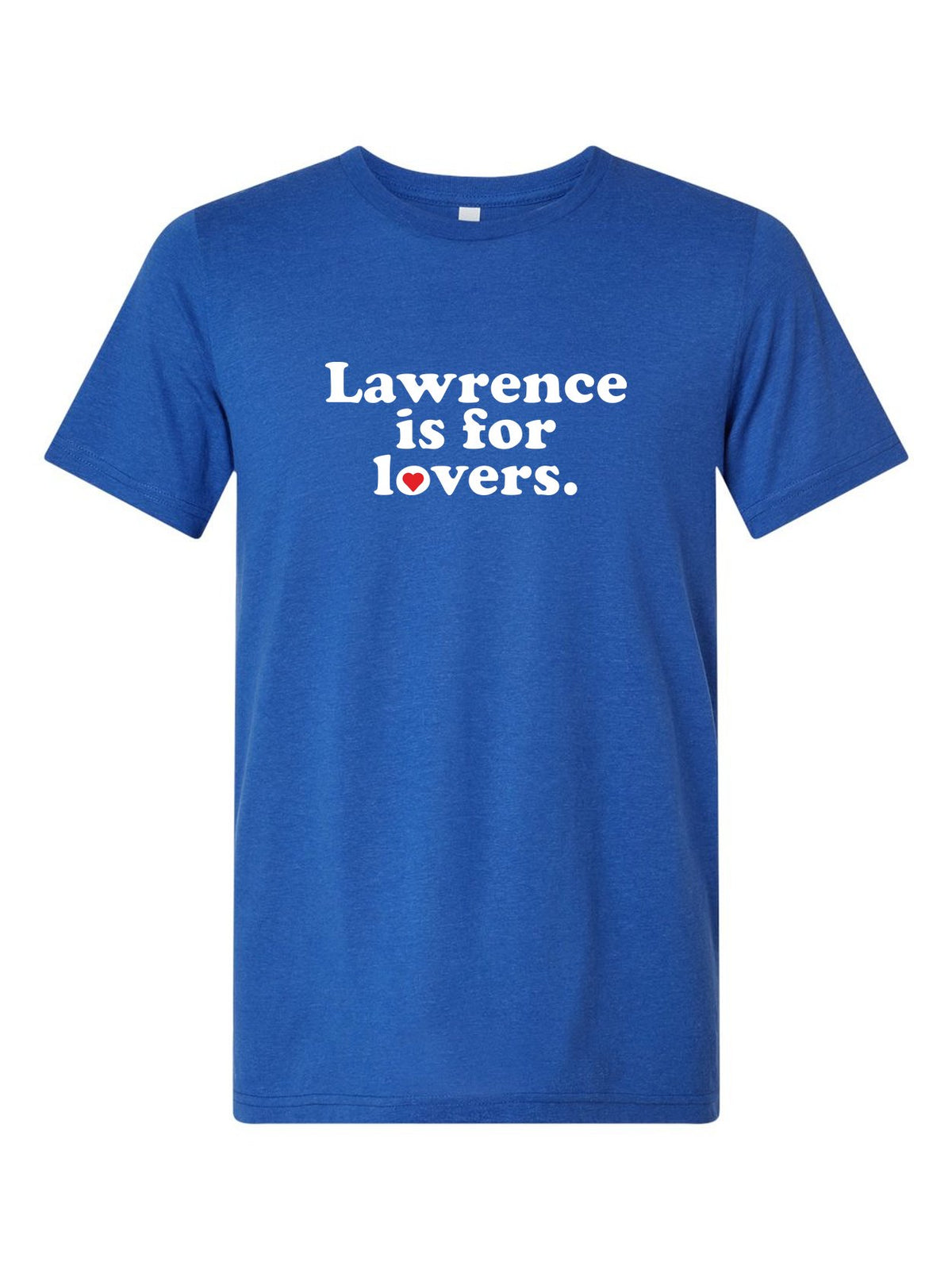 Lawrence is for Lovers on a royal blue t-shirt
