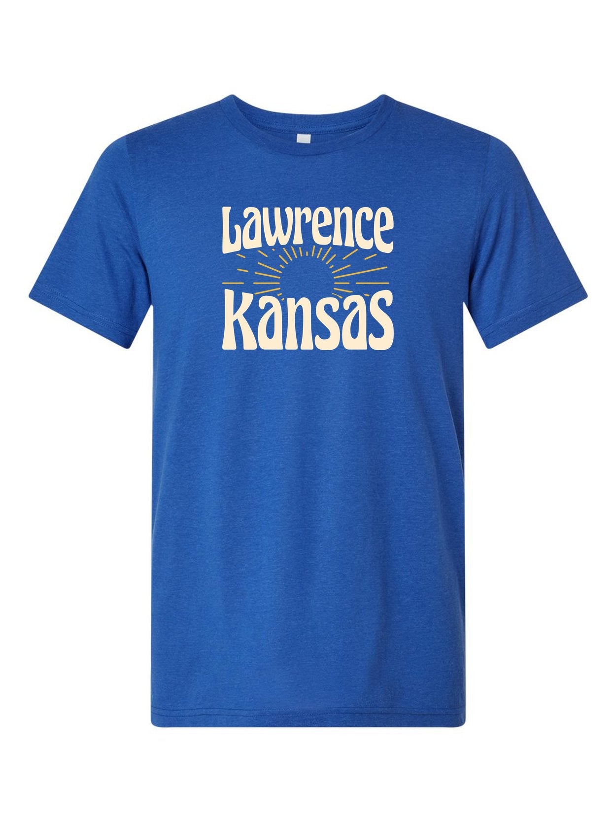 Lawrence Kansas Rays on a royal blue t-shirt