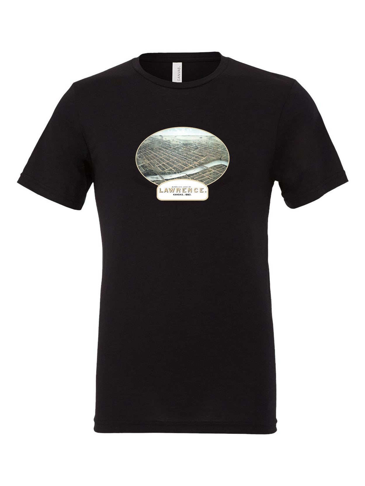 Lawrence, KS Birds Eye View 1880 on a black t-shirt