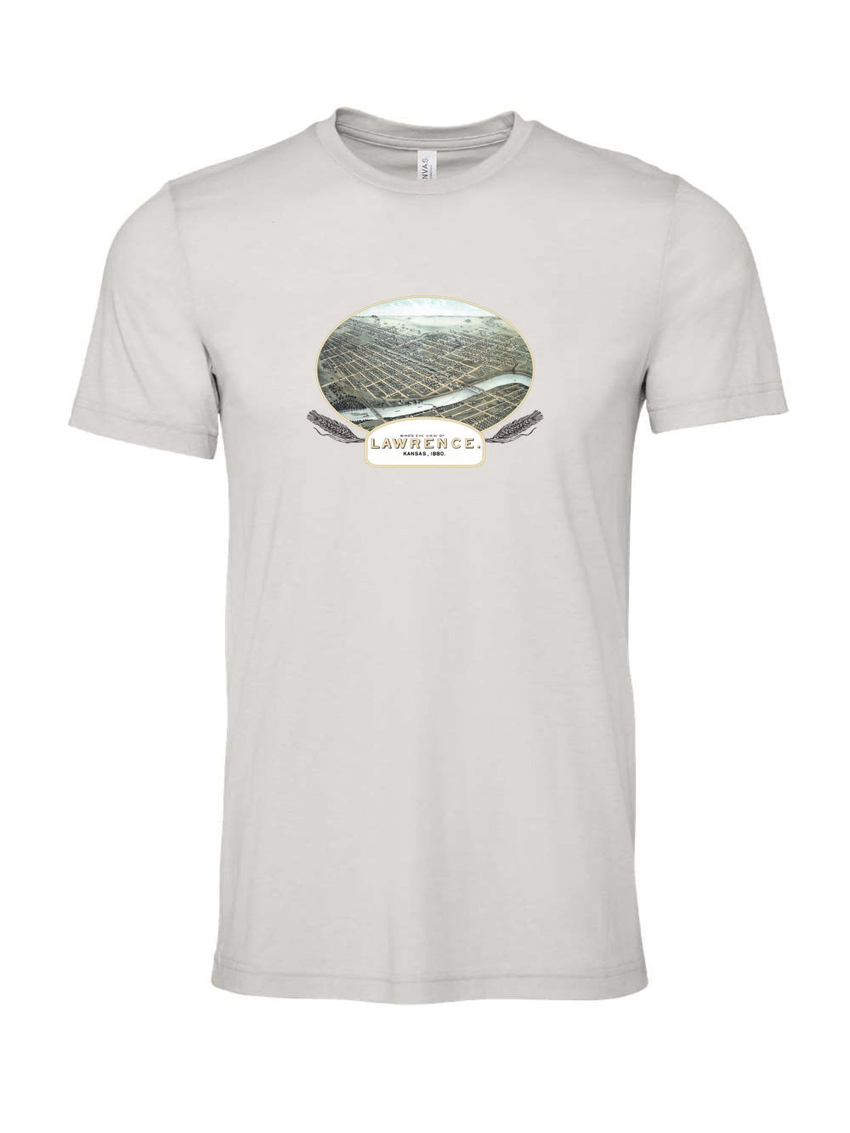 Lawrence, KS Birds Eye View 1880 on a cement gray t-shirt