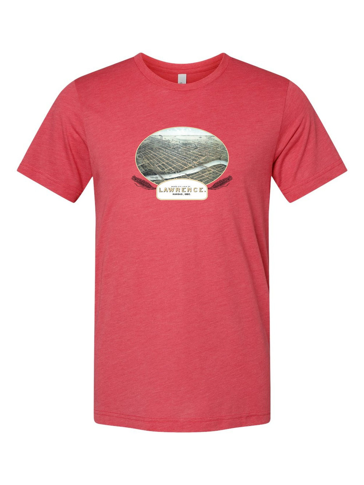Lawrence, KS Birds Eye View 1880 on a true red t-shirt