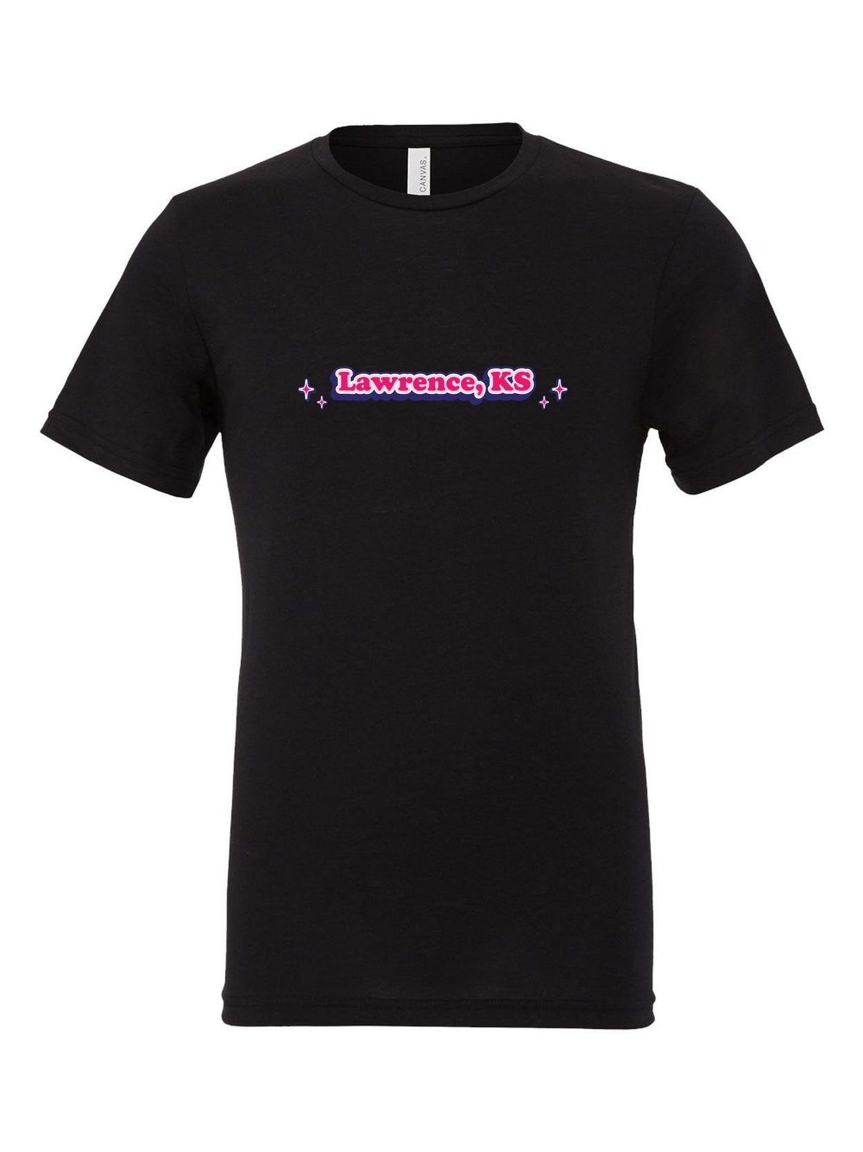 Lawrence, KS Sparkle on a black t-shirt