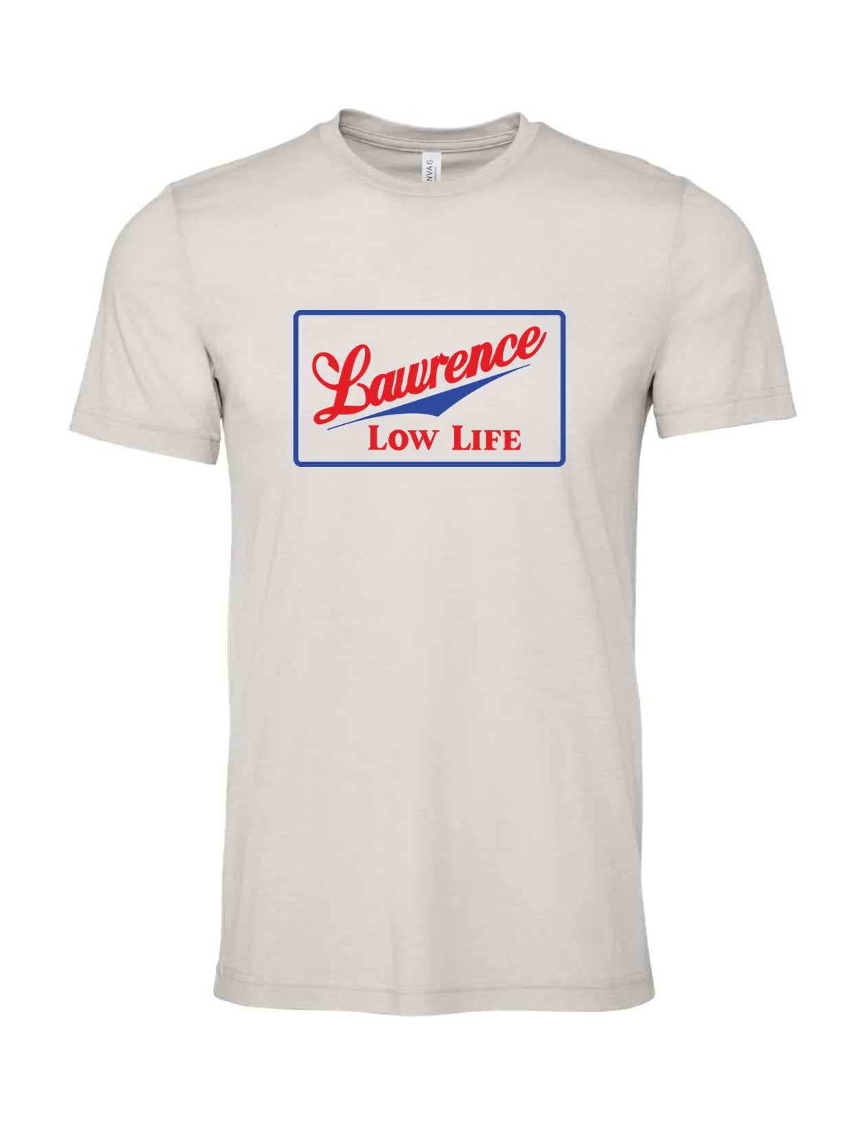 Lawrence Low Life on a cement gray t-shirt