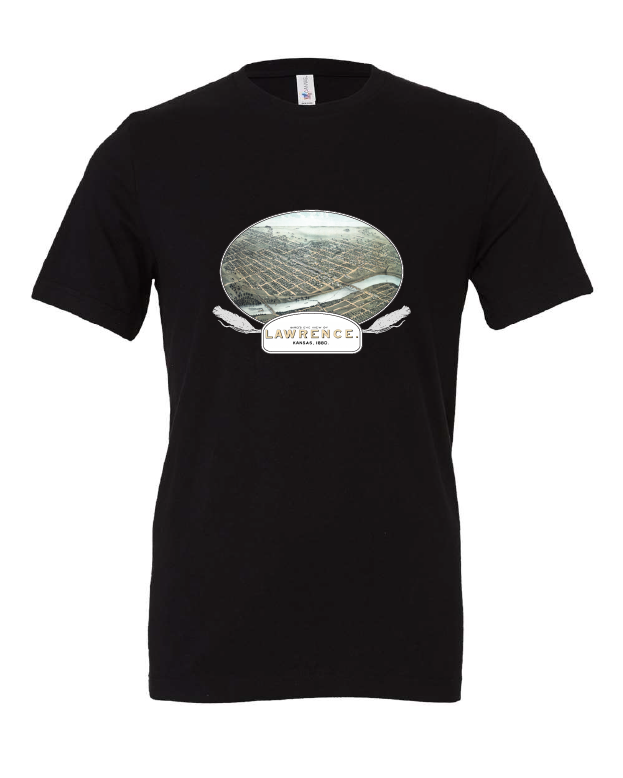 Lawrence, KS Birds Eye View 1880 design on a black t-shirt