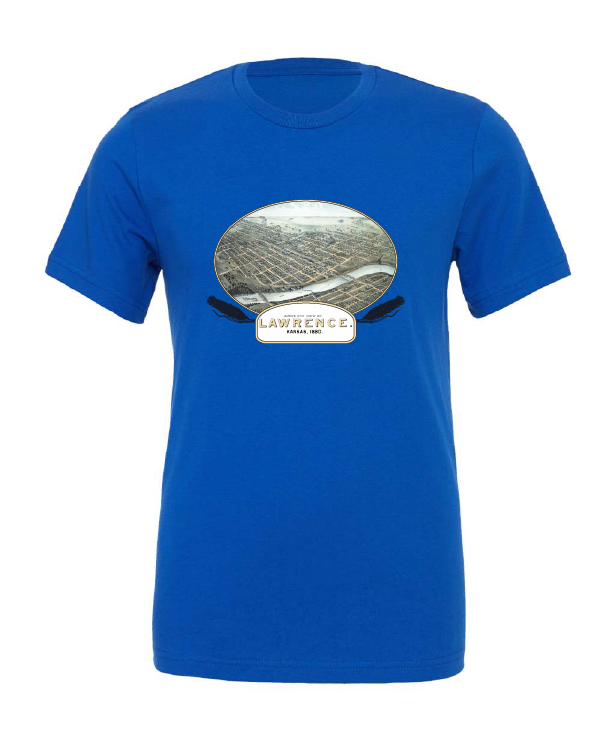 Lawrence, KS Birds Eye View 1880 design on a blue t-shirt