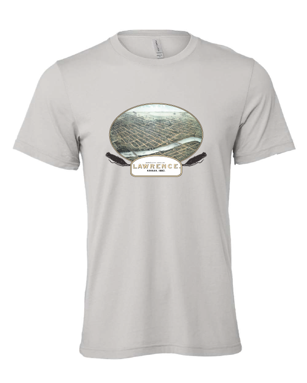 Lawrence, KS Birds Eye View 1880 design on a gray t-shirt