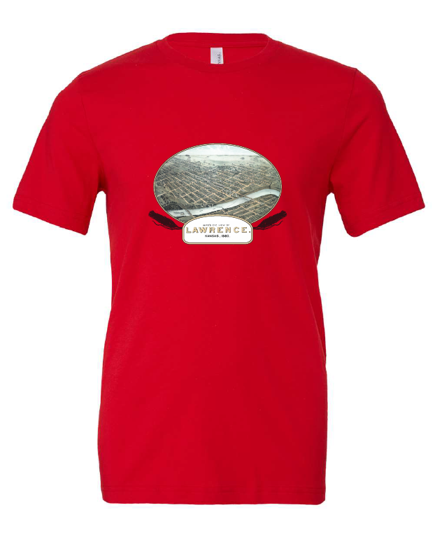 Lawrence, KS Birds Eye View 1880 design on a red t-shirt