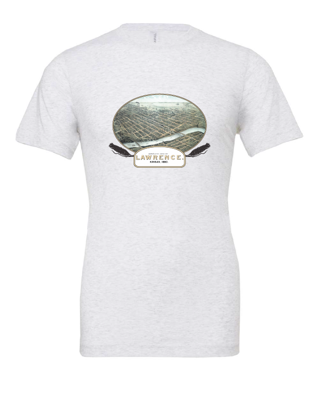 Lawrence, KS Birds Eye View 1880 design on a white t-shirt