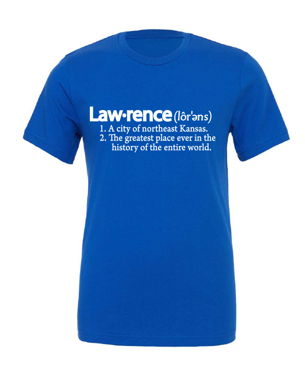 Lawrence Definition design on a blue t-shirt