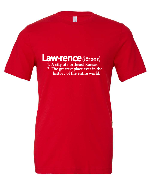 Lawrence Definition design on a red t-shirt