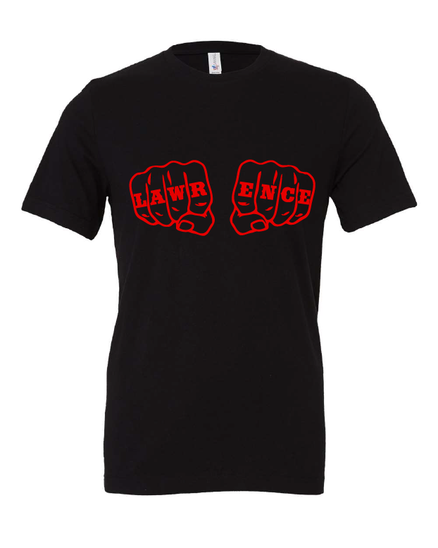 Lawrence Fists design on a black t-shirt