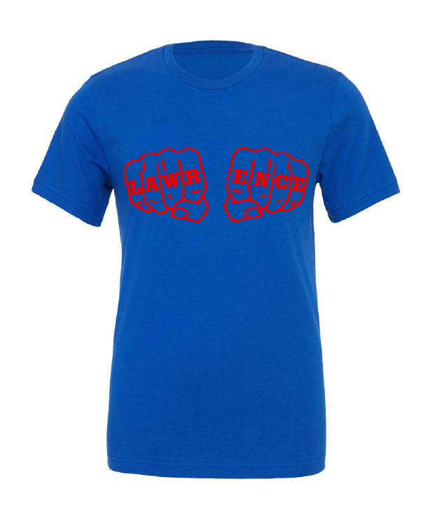 Lawrence Fists design on a blue t-shirt