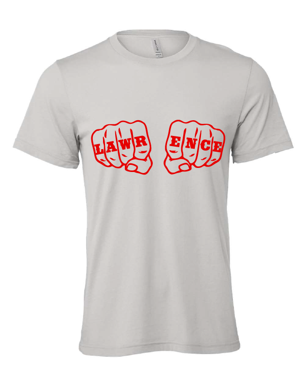 Lawrence Fists design on a gray t-shirt