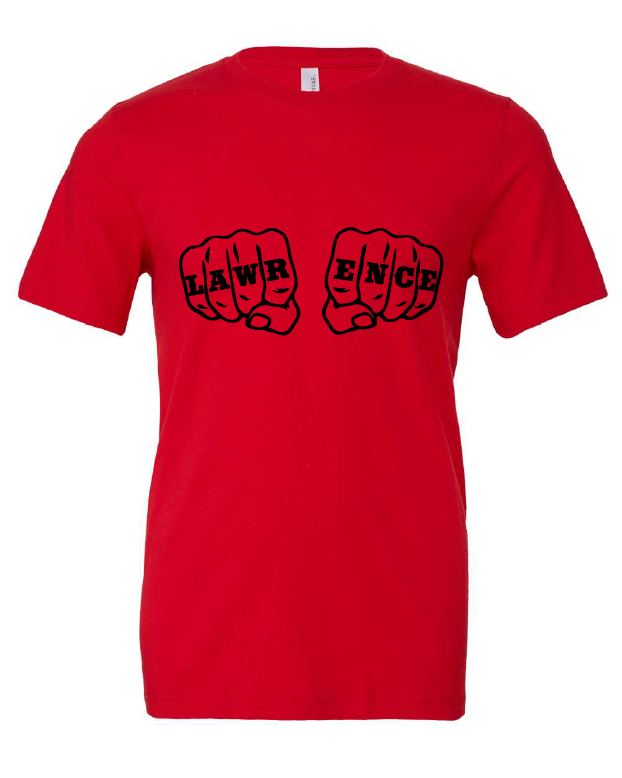 Lawrence Fists design on a red t-shirt