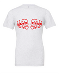 Lawrence Fists design on a white t-shirt