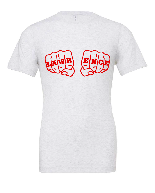 Lawrence Fists design on a white t-shirt