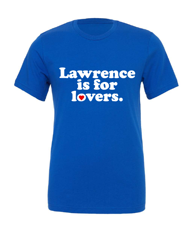 Lawrence is for Lovers design on a blue t-shirt