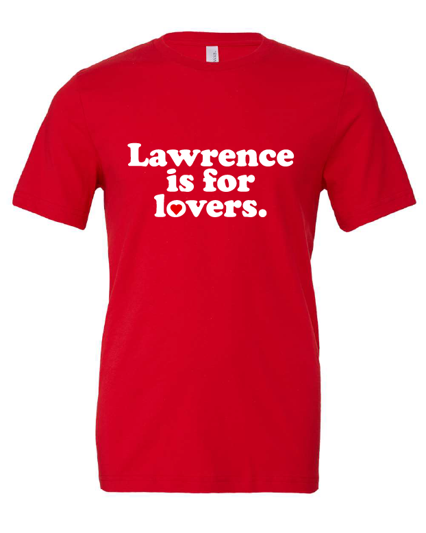Lawrence is for Lovers design on a red t-shirt
