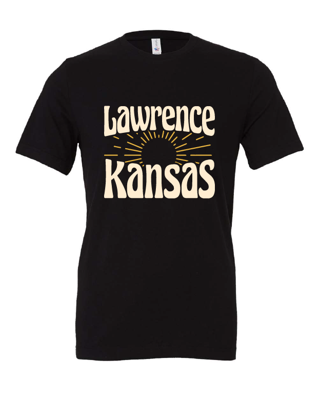lawrence ks kansas sun vintage college town black tshirt t-shirt 