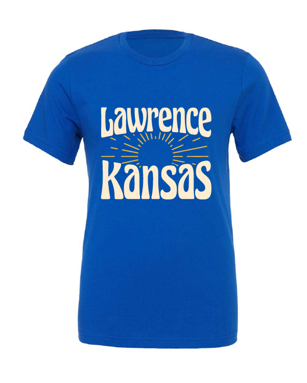 Lawrence Kansas Rays design on a blue t-shirt