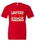 Lawrence Kansas Rays design on a red t-shirt