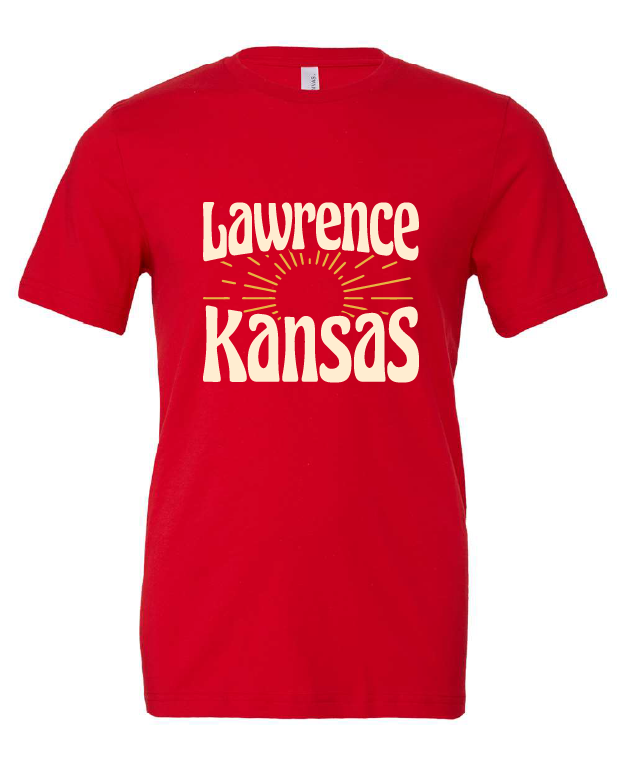 Lawrence Kansas Rays design on a red t-shirt