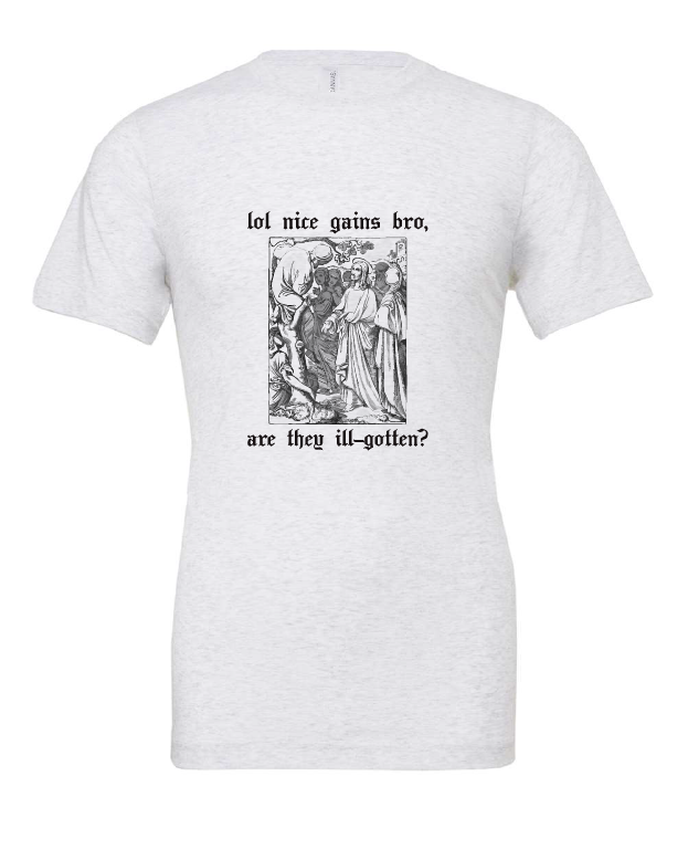 LOL Nice Gains Bro design on a white t-shirt